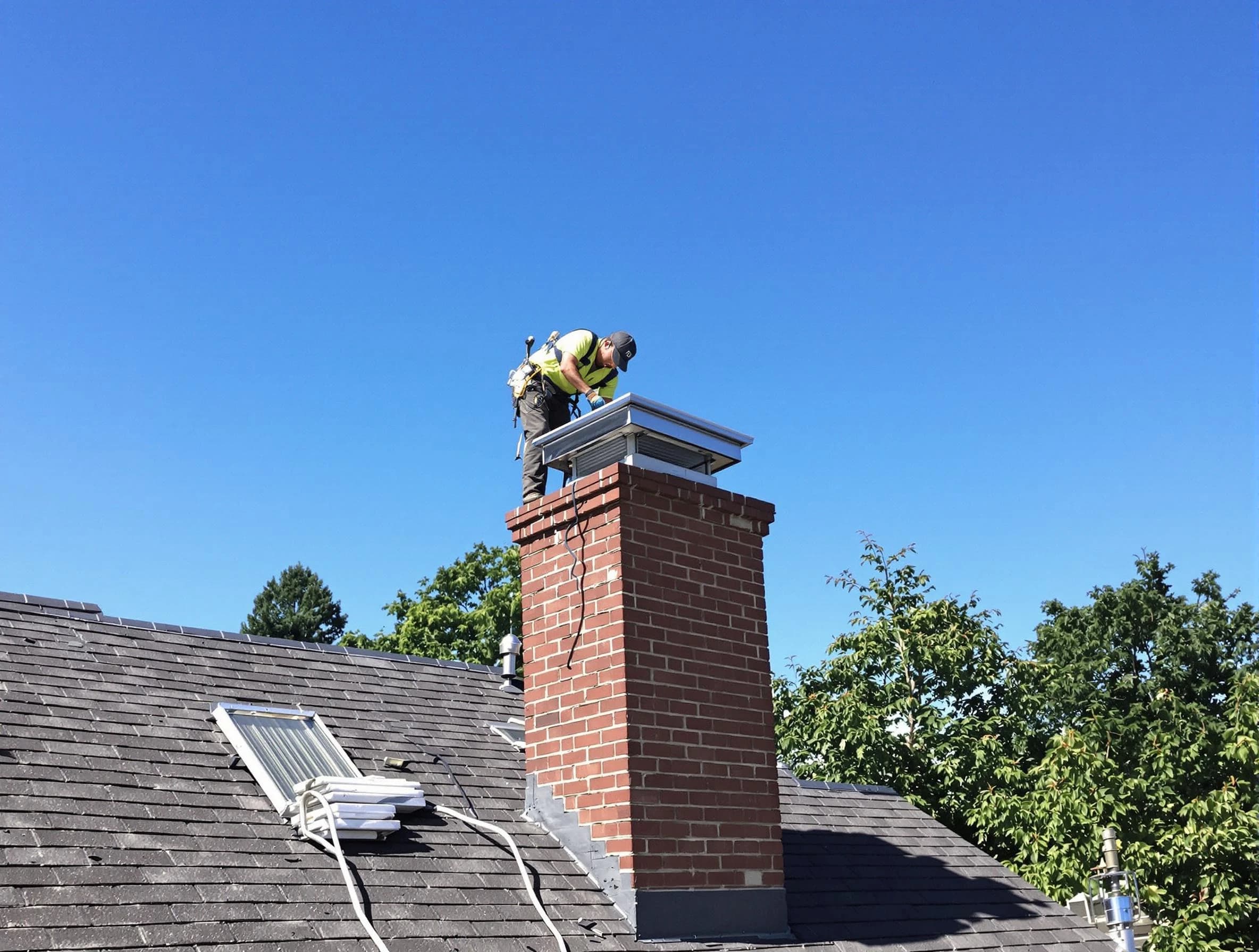 Wall Chimney Sweep technician measuring a chimney cap in Wall, NJ